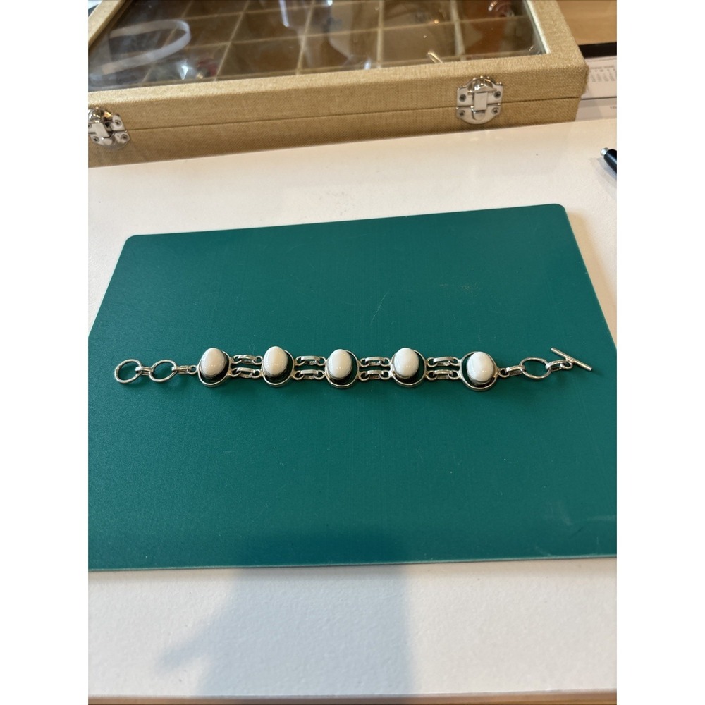 Vintage Moon Glow 5 Stone White Glass Set In Sterling silver